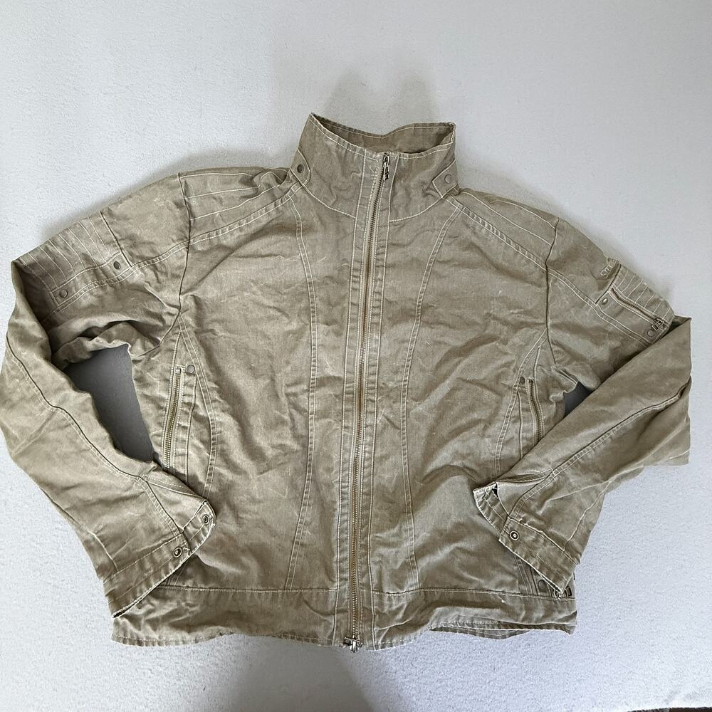 Kuhl Womens XL Tan Full Zip Utility Moto Jacket Fleece Lined Born In Mountains